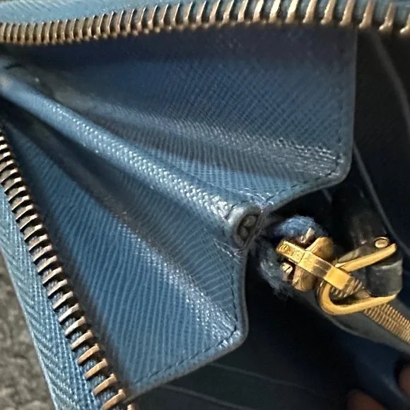 Prada Blue Saffiano Zip-Around Leather Wallet with Gold Logo